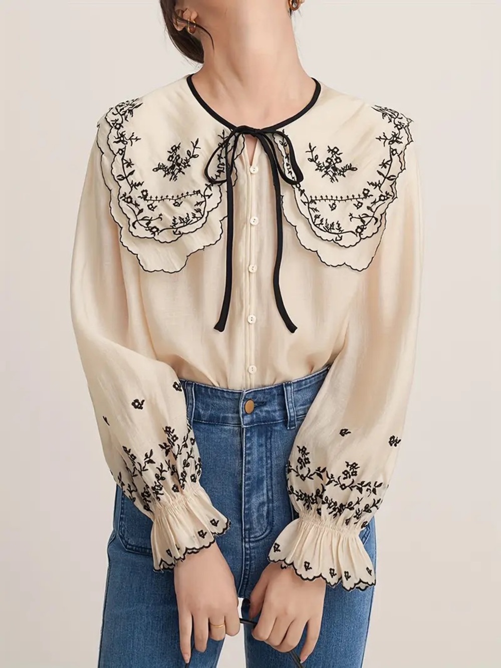 Embroidered Cream Tie-Neck Blouse with Scalloped Collar